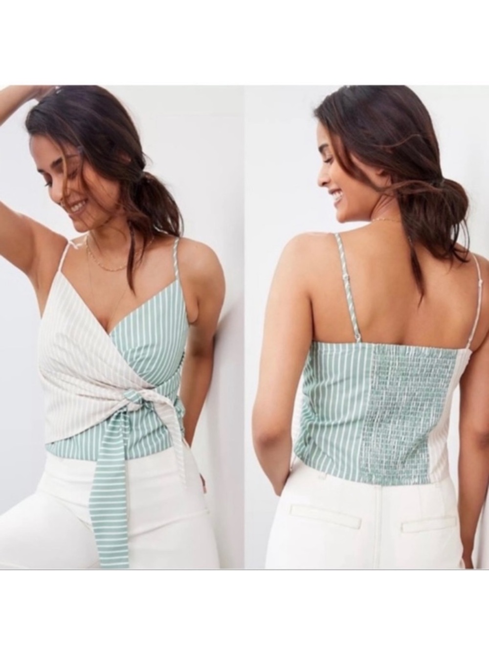Mare Mare x Anthropologie Tie Front Tank Top Wrap Green White Tan Sz M